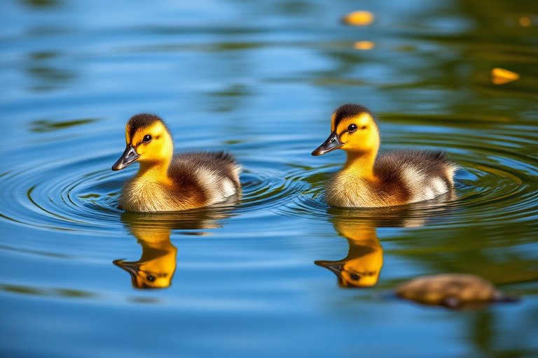 Create a vibrant image of two ducklings swimming in a tranquil pond, focus on their reflections in the water, use a Canon EOS 5D Mark IV with a 50mm f/1.8 lens, aperture set to f/2.8, ISO 200, shutter speed 1/250s, natural lighting to enhance detail and color clarity.