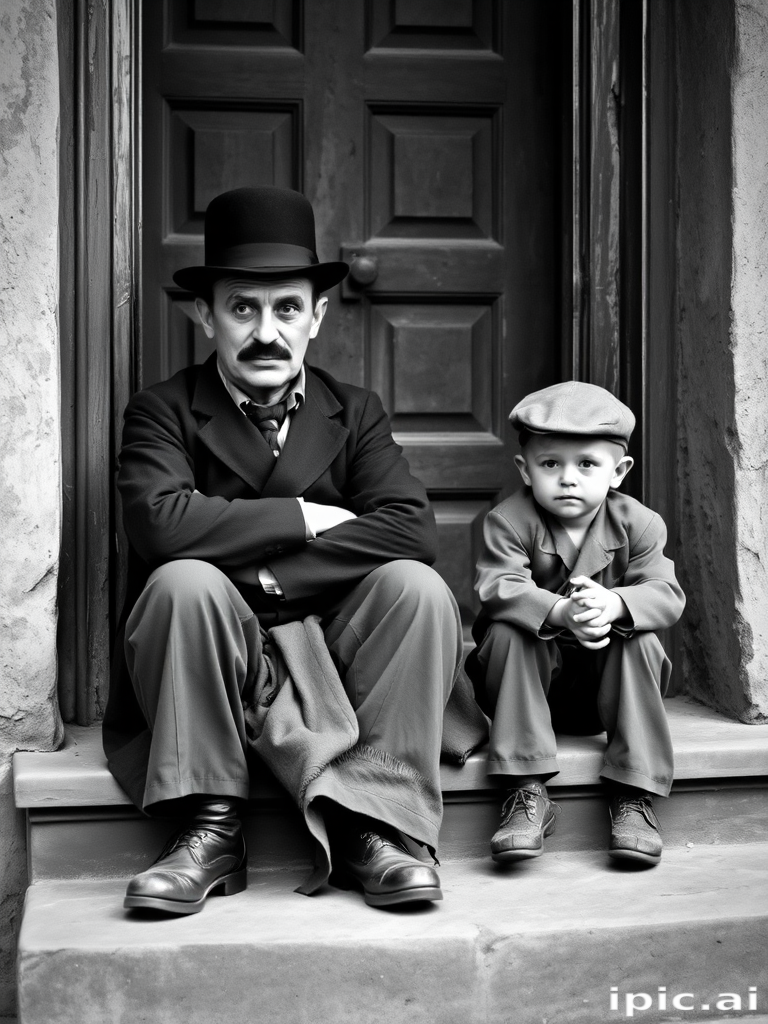 A black-and-white photograph of a man and a child sitting on steps in front of a doorway. The man is dressed as a tramp with a bowler hat, mustache, and ragged clothes, reminiscent of Charlie Chaplin's iconic look. He is sitting with his arms crossed and an expression of slight sadness or frustration. Next to him is a young boy, also in worn clothes and a cap, sitting with his hands clasped, looking thoughtful. The background is an old, textured wall and a partially open door, creating a vintage, early 20th-century atmosphere.