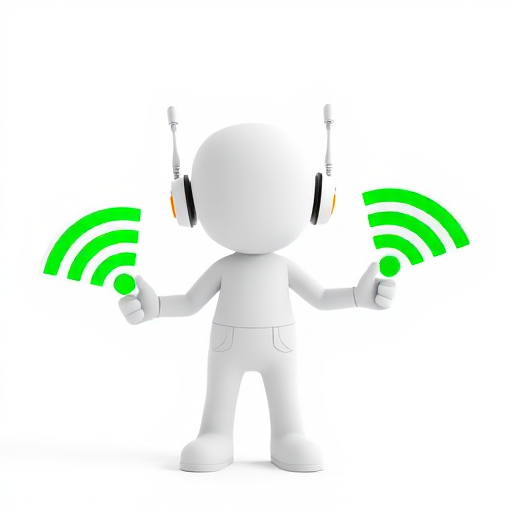 create a 3D render of a stylized character holding green wireless symbols, minimalistic design, soft lighting, high resolution, 50mm lens, f/2.8 aperture, ISO 100, shallow depth of field, backlit against a white background