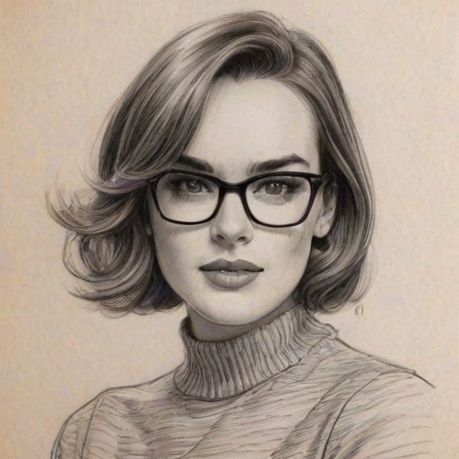 Delightful Elizabeth Henstridge, pencil sketch, portrait of Gorgeous woman 1961s in glasses, hair style beatnik, outline, clear lines, fine lines, 8k