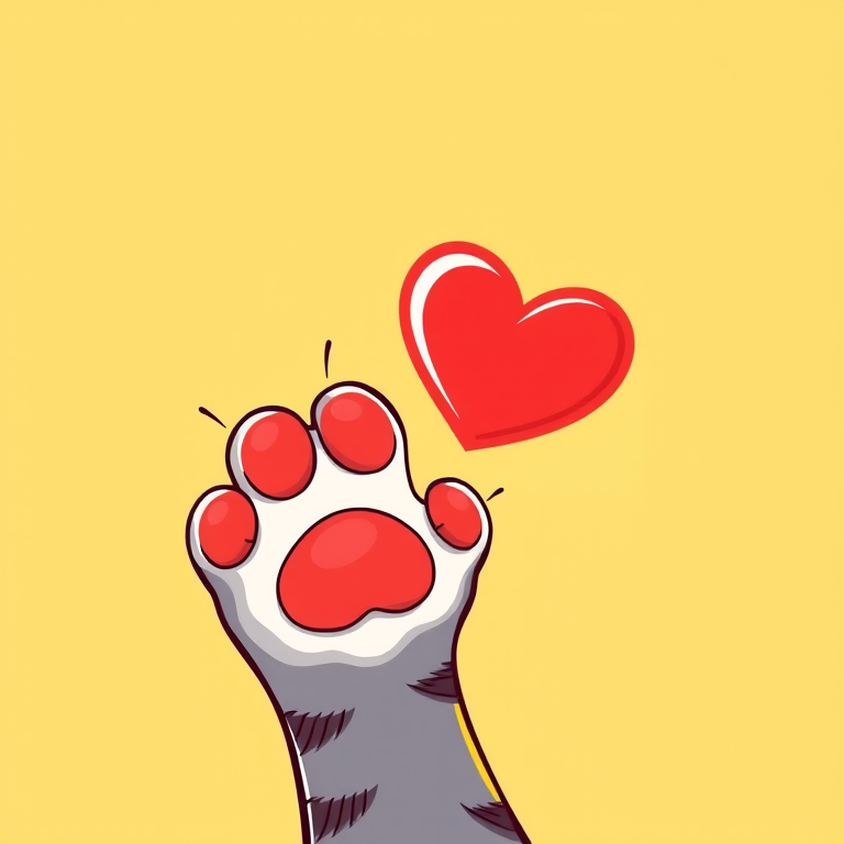 Create a vector-style illustration of a cartoon cat paw reaching towards a red heart on a bright yellow background, using a Canon EOS R5, 50mm f/1.8 lens, aperture f/2.8, ISO 100, and soft natural lighting for enhanced clarity and color vibrancy.