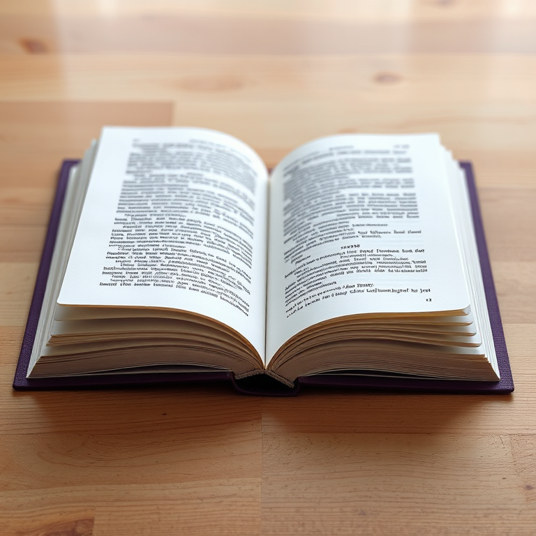 Create an illustration of an open book with purple cover, focus on the details of the pages and spine, shot with a Canon EOS R5, 50mm lens, f/1.8 aperture, 1/100s shutter speed, natural lighting, and a slight top-down angle for depth.
