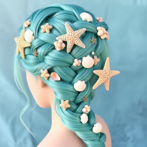 Turquoise to seafoam green mermaid braid adorned with seashells and starfish accessories, known as "Siren's Song" hair, featuring an intricate woven pattern