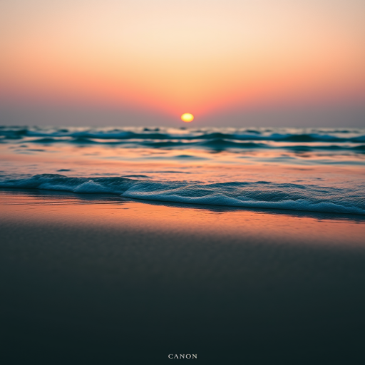 Generate an image of a tranquil beach scene at sunset with soft pastel colors, using a Canon EOS R5, 50mm f/1.2 lens, ISO 100, aperture f/11, exposure 1/125s, shot from a low angle to capture the reflection on the water and enhance the warm glow of the setting sun.