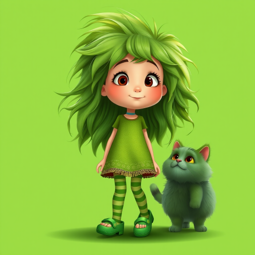 Pixar style of a young girl with exaggerated fluffy long shaggy flowing green hair. She is wearing a green dress and striped green tights, and green clogs. background is green with a cat walking next to her. The cat is fat, green with fluffy hair and looking up at the girl with a curious expression. Green color palette.