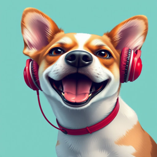 Create a vibrant digital illustration of a dog with a playful expression wearing red headphones, using a soft color palette with a teal background, shot with a Canon EOS R5 at f/2.8, ISO 100, and a 50mm lens for sharp detail and a smooth bokeh effect.