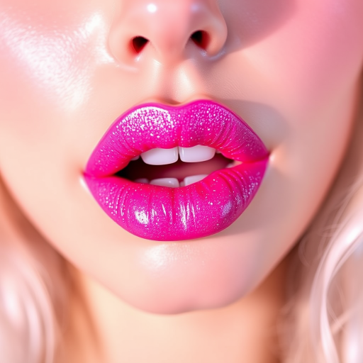 Playful "Bubblegum Pop" lip style features a vibrant, glossy pink shade with holographic sparkles, reminiscent of retro candy and perfect for adding a fun, youthful touch to any look