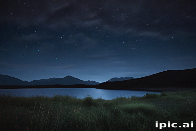 Tranquil Night Sky Reflecting on Calm Lake Surrounded by Majestic Mountains