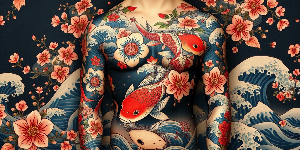 Exquisite Japanese-inspired full body suit tattoo featuring koi fish cherry blossoms and waves in traditional colors with meticulous attention to detail and shading