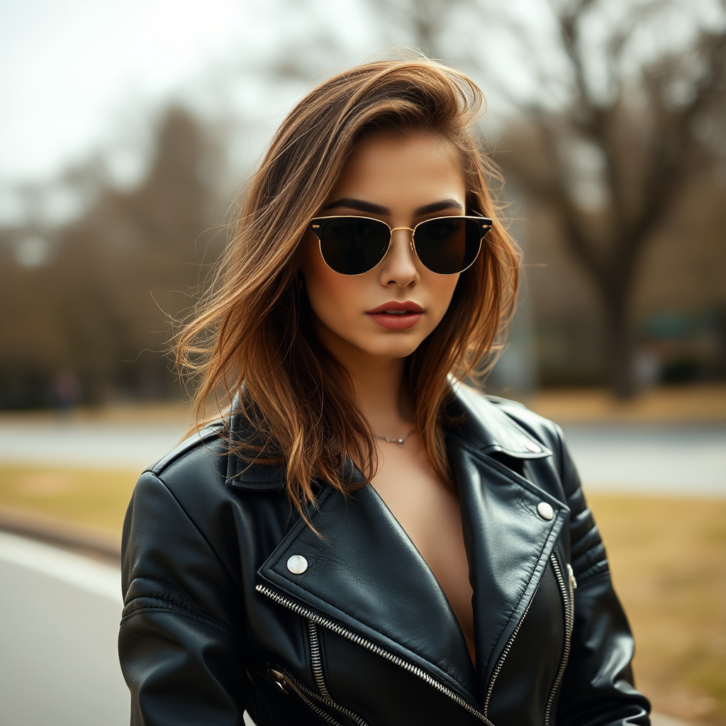 Outdoor shot, stunning female model, vintage leather jacket, sunglasses, cinematic effect, Position the camera at the model’s eye level using a 35mm f/1.4 lens