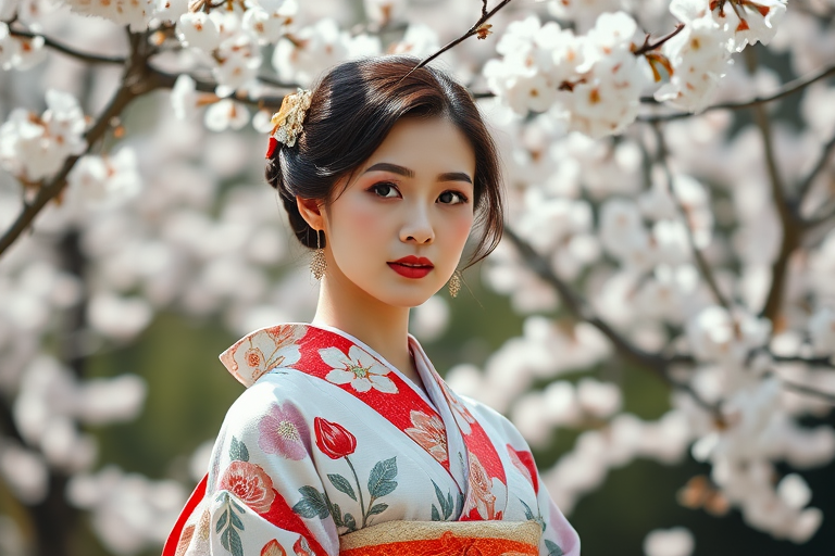 portrait of an elegant woman in traditional kimono with floral patterns standing among cherry blossoms, natural lighting, shallow depth of field, aperture f/1.8, shutter speed 1/200, ISO 100, 50mm lens, taken with a full-frame DSLR camera