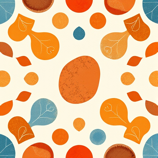 Generate an abstract pattern featuring organic shapes in warm colors like orange and brown, and cool tones like blue on a light cream background, captured with a Canon EOS R5, 50mm lens, f/1.8 aperture, ISO 100, natural lighting, top-down view.