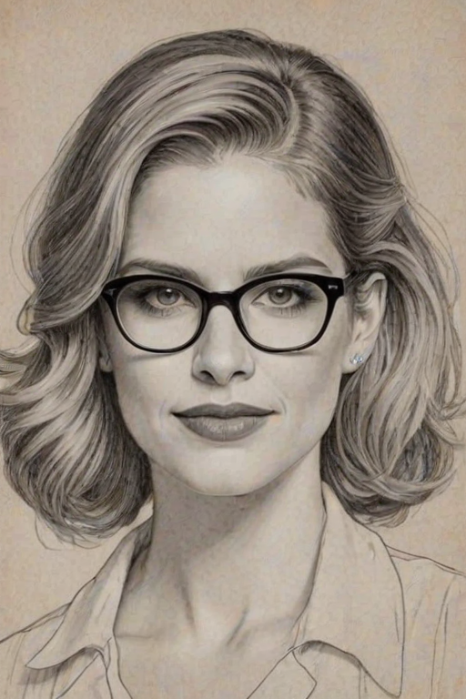 Elegant Anna Chlumsky, pencil sketch, portrait of Delightful woman 1923s in glasses, hair style beatnik, outline, clear lines, fine lines, 8k