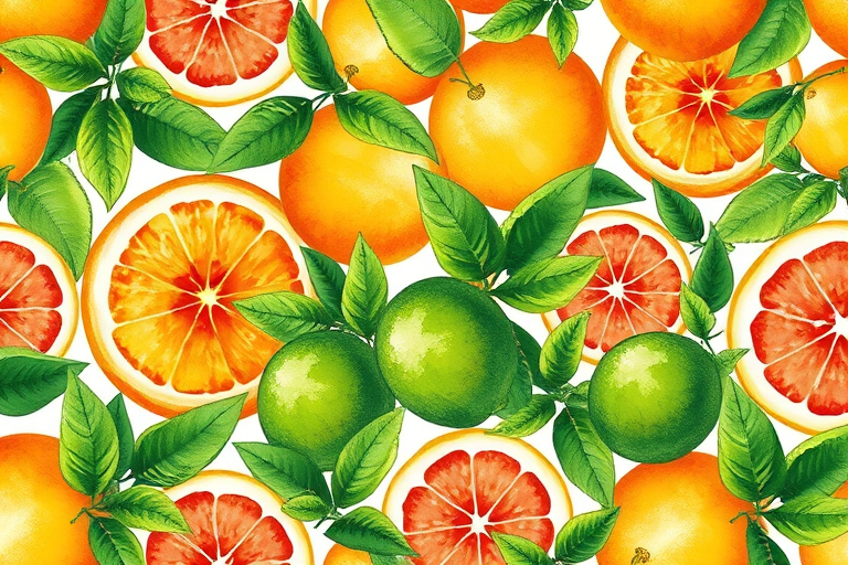 create a vibrant watercolor illustration of citrus fruits including oranges, lemons, limes, and grapefruits with lush green leaves in a seamless pattern, shot with a Canon EOS R5, 50mm lens, f/2.8 aperture, ISO 100, natural light, high-resolution, focus on color saturation and detail.