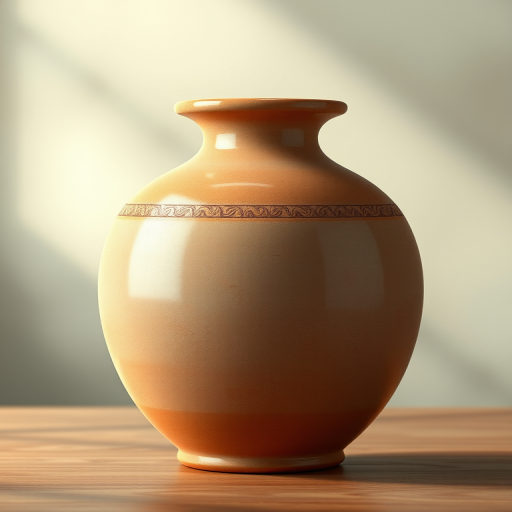 Create a high-resolution digital illustration of a classic clay vase, using a wide-angle lens at f/2.8, with a soft focus background and vibrant lighting to enhance texture and detail, rendered in a 3D style with realistic shading and subtle highlights.