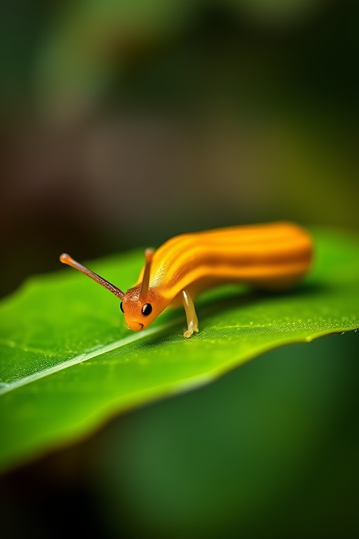 macro shot of a golden slug on a green leaf with shallow depth of field, aperture f/2.8, shutter speed 1/200s, ISO 100, 50mm lens, natural lighting, soft bokeh background, focus on the slug, vibrant colors