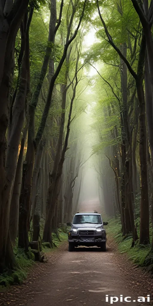 A Serene Drive Through a Lush Green Forest Pathway in Fog.