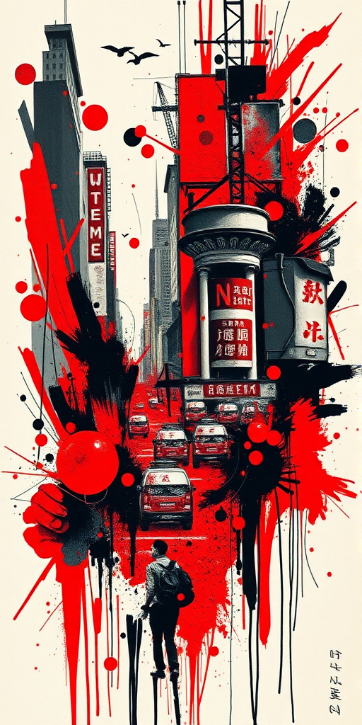 Trash polka tattoo titled "Urban Chaos" combining bold red and black elements with photorealistic imagery and abstract brush strokes to represent the energy of city life
