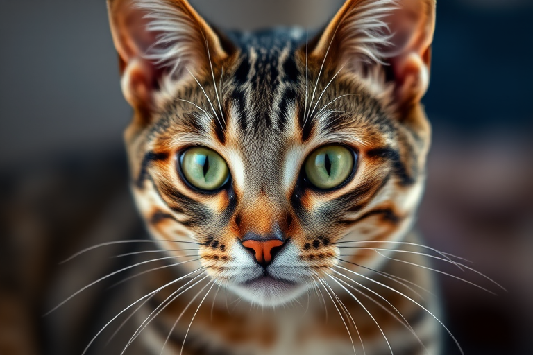 Generate a high-resolution image of a cat with striking green eyes and a distinct tabby pattern, using a Canon EOS R5 camera, 50mm lens, aperture f/1.8, ISO 100, 1/200 sec shutter speed, shot in soft natural light with a blurred background to highlight the subject.