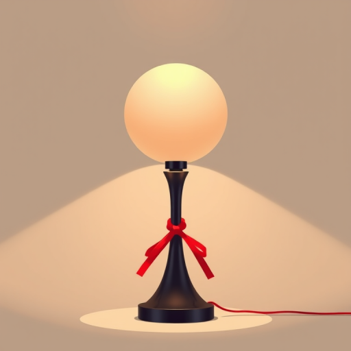 Create a minimalist digital illustration of a decorative lamp with a round, glowing top, showcasing a sleek black stand with a red ribbon knot, using a 50mm lens, f/2.8 aperture, ISO 100, and soft lighting for enhancement.