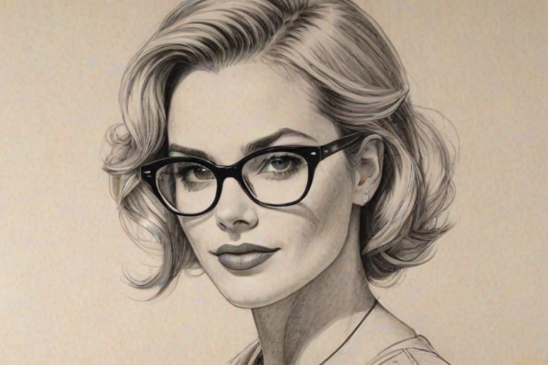 Splendid Leslie Bibb, pencil sketch, portrait of Alluring woman 1955s in glasses, hair style beatnik, outline, clear lines, fine lines, 8k