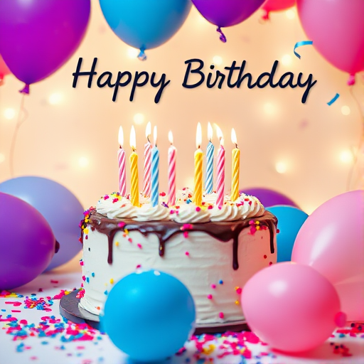 Create an image of a festive birthday celebration featuring a decorated cake with multiple candles lit on top surrounded by colorful balloons in various shades including purple blue and pink scattered confetti and a warm glowing background with a cheerful text saying Happy Birthday