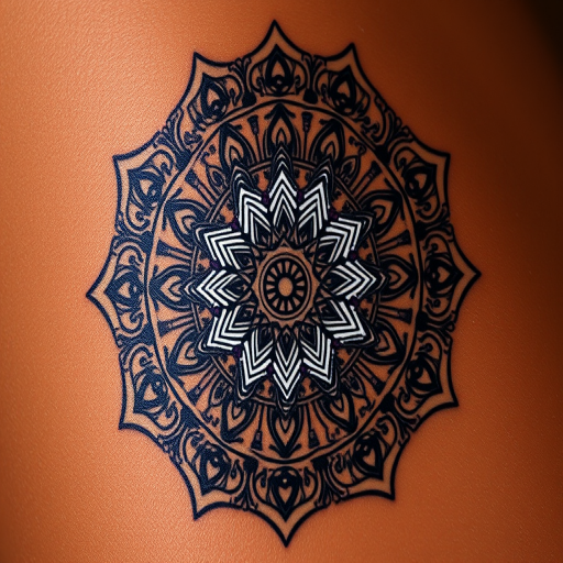 Mesmerizing mandala tattoo with intricate geometric patterns and sacred symbols, adorned with dotwork shading and white ink highlights, creating a mesmerizing three-dimensional effect on dark skin