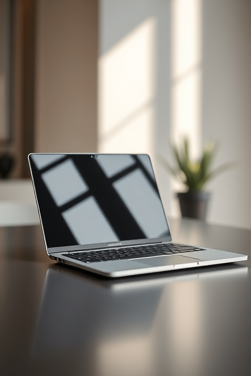 Create a high-resolution image of a modern laptop in a minimalistic design, using a DSLR camera with a 50mm lens, aperture set at f/1.8 for shallow depth of field, ISO 100, and a soft natural light setup for enhanced clarity and detail.