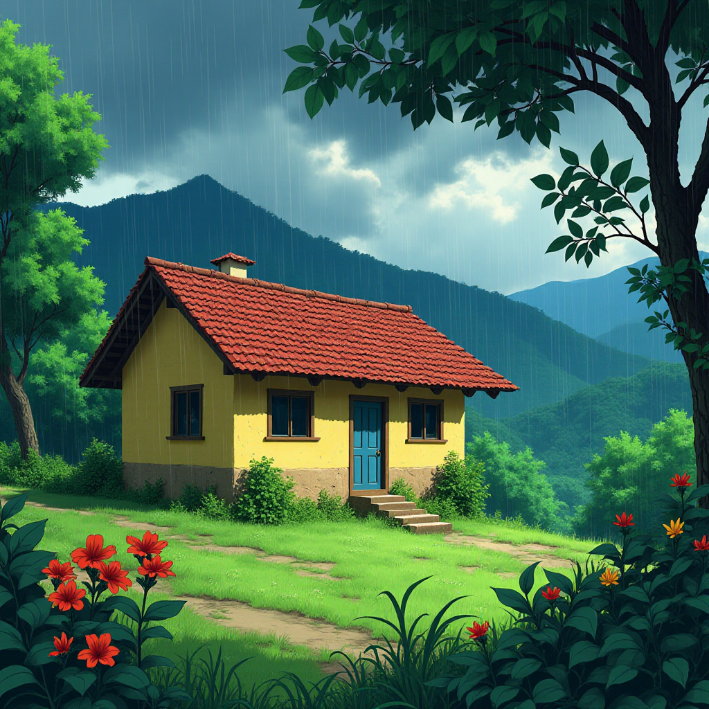 A rural, small bungalow with yellow walls and a red-tiled roof. The bungalow is nestled in the lush landscape of Colombia, Costa Rica. In the foreground, a branch of tropical flowers from a flowering tree. In the background, distant hazy mountains. There is a stormy sky and heavy rain. An animated still-shot from Studio Ghibli, Hayao Miyazaki.