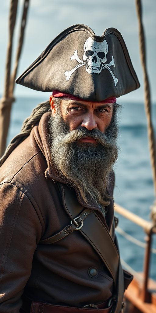 Create an image of a rugged pirate captain standing on the deck of a ship, wearing a tricorn hat with a skull emblem, a weathered leather coat, and a long gray beard, captured in natural lighting with a shallow depth of field, using a full-frame DSLR camera with a 50mm lens at f/1.8, ISO 100, and a shutter speed of 1/200s, focusing on his intense expression against a blurred ocean backdrop.