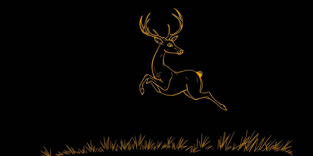 Create a detailed illustration of a leaping deer with elegant lines and a gold outline, using a DSLR camera with a 50mm lens, f/1.8 aperture, ISO 100, and natural lighting for a crisp contrast, captured from a low angle to emphasize movement.