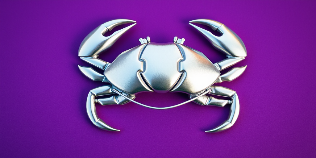 Create a high-resolution image of the Cancer zodiac symbol with a glossy silver finish on a vibrant purple background, using a 50mm lens, f/2.8 aperture, ISO 100, natural lighting, and an overhead view angle.