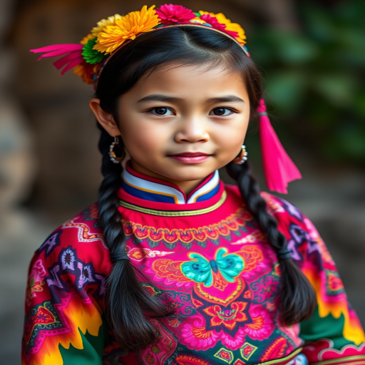 A beautiful Miao girl, wearing colorful bird clothing with vibrant colors