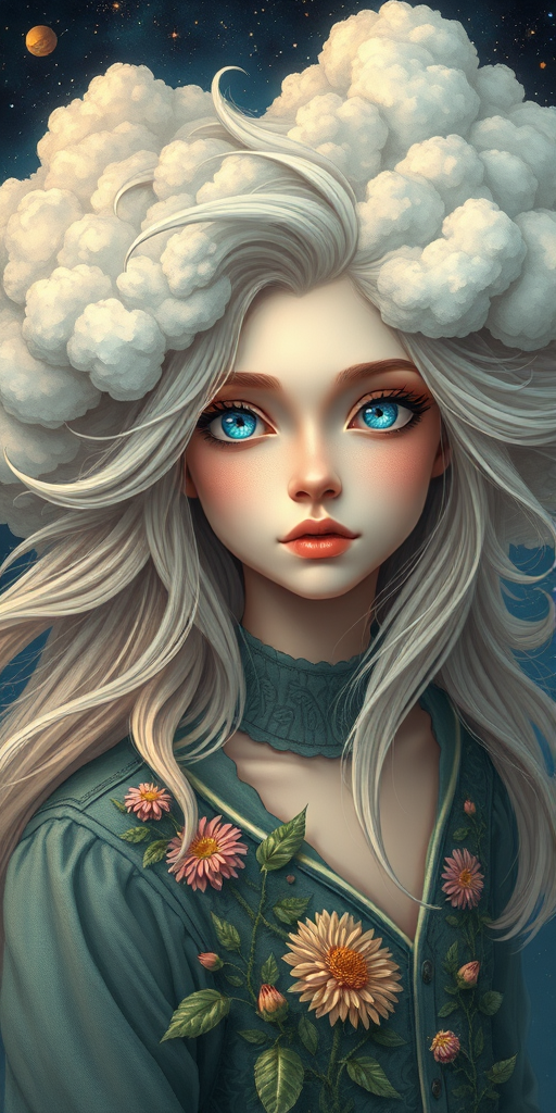 Create a series of imaginative portraits where each subject is infused with elements of fantasy and nature. The hair of the individuals should flow like clouds, varying from soft, fluffy cumulus to wispy cirrus strands, with hints of color reflecting a sunset or a clear blue sky. The eyes should be windows to entire galaxies, with stars, nebulae, and distant planets visible within them. Clothing should be adorned with nature motifs, such as floral patterns that bloom and change, vines that seem to grow and wrap around, or feathers that shimmer with iridescence. Each portrait should capture a unique personality, blending human features with the ethereal beauty of the natural and cosmic world. The backgrounds can vary, from starry night skies to enchanted forests, adding depth and context to the magical realism of the portraits
