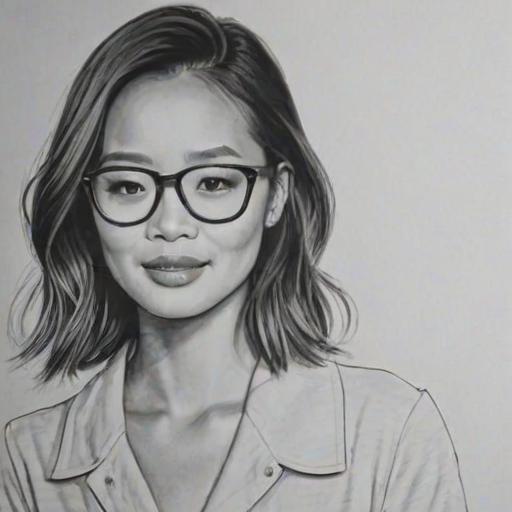 Lovely Jamie Chung, pencil sketch, portrait of Pleasing woman 1929s in glasses, hair style beatnik, outline, clear lines, fine lines, 8k