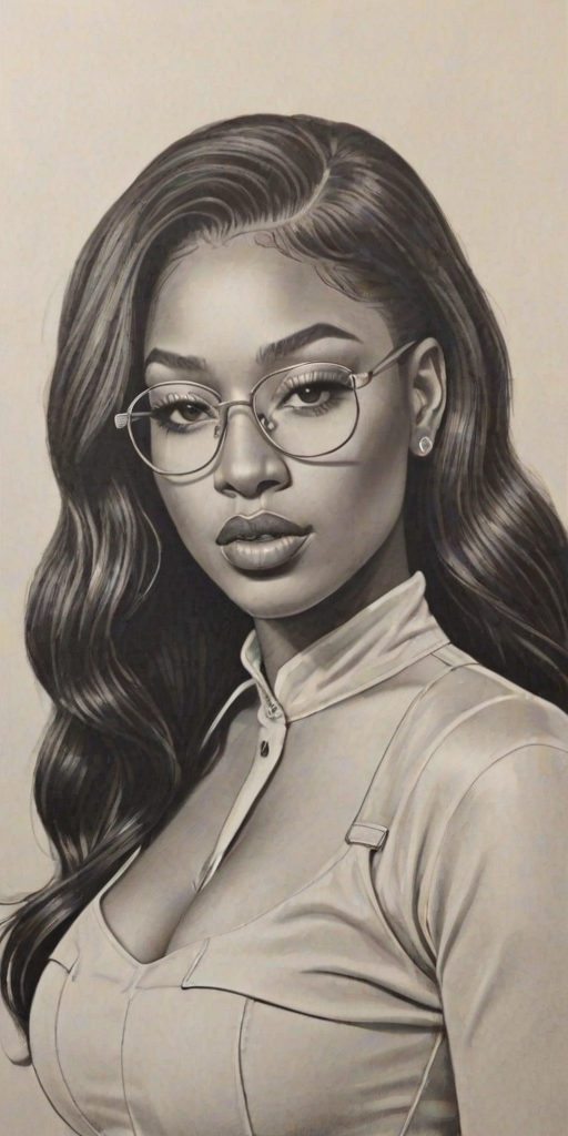 Comely Megan Thee Stallion, pencil sketch, portrait of Magnificent woman 1921s in glasses, hair style beatnik, outline, clear lines, fine lines, 8k