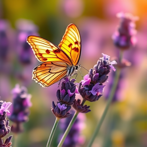 Generate an image of a butterfly perched on vibrant purple lavender flowers. The background should be softly blurred, with warm, natural lighting to create a serene garden atmosphere. Focus on the details of the butterfly's wings and the lavender blooms.