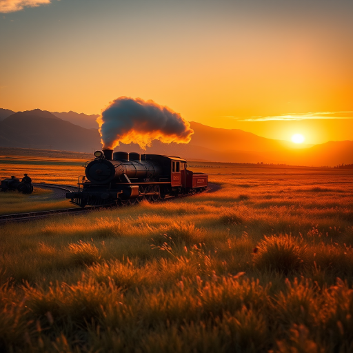 high-resolution landscape photograph of a vintage steam train traveling through a golden meadow during sunset, with mountains in the background, captured with a DSLR camera, 50mm lens, f/8 aperture, ISO 200, backlit with golden hour lighting, wide angle view, vibrant colors and enhanced contrast