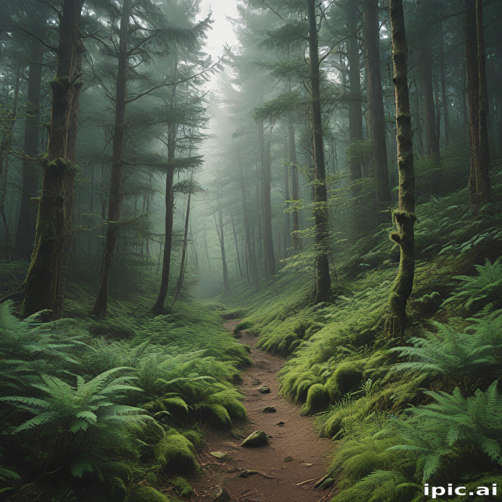 Enchanting Misty Forest Path Surrounded by Lush Green Ferns and Trees