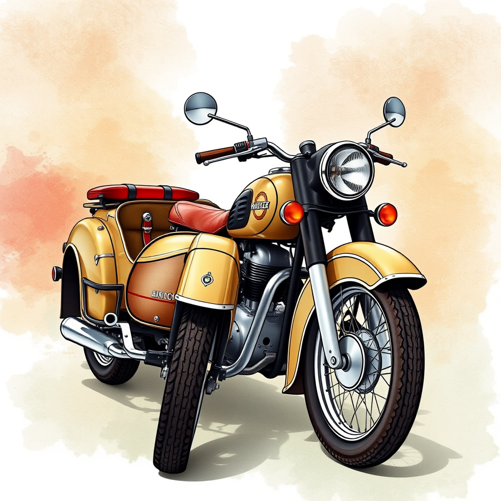 regenerate an artistic illustration of a vintage motorcycle with a sidecar, background featuring soft watercolor textures, camera settings: f/4, ISO 100, shutter speed 1/250s, camera view: three-quarter angle, camera style: illustrative, camera type: digital DSLR