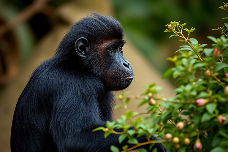 A close-up shot of a black howler monkey sitting in profile next to a bush, captured in high resolution using a Canon EOS 5D Mark IV, f/2.8 aperture, 1/500 second shutter speed, ISO 200, natural light, with a shallow depth of field for enhanced focus on the subject.