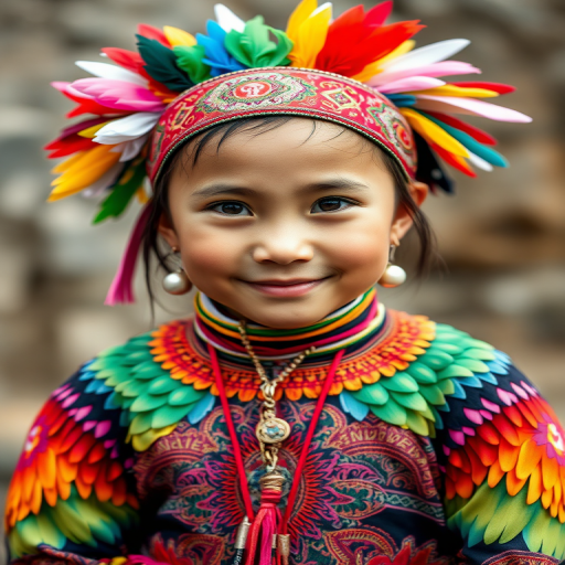 A beautiful Miao girl, wearing colorful bird clothing with vibrant colors