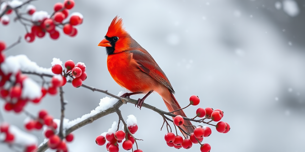 a vibrant red cardinal perched on a snowy branch surrounded by red berries and soft snowfall, shot with a Canon EOS 5D Mark IV, 85mm lens, f/1.8 aperture, ISO 100, natural light, shallow depth of field, soft bokeh background