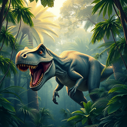 Create a highly detailed illustration of a roaring T-Rex surrounded by dense forest, using a DSLR camera with a 50mm lens, f/1.8 aperture, ISO 100, shot from a low angle to emphasize its size, in bright natural lighting for vibrant colors and sharp clarity.