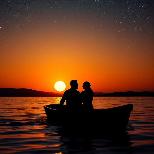 A silhouette of a couple in a boat during sunset with a large sun on the horizon, starry sky, and shooting stars, captured with a DSLR camera at f/8, ISO 100, 1/200s, in portrait mode to enhance depth and color vibrancy.
