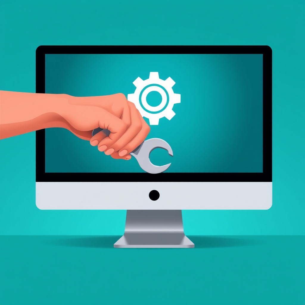 Create a digital illustration of a hand holding a wrench next to a computer monitor displaying a gear icon, set against a vivid turquoise background, captured with a Canon EOS R5, 50mm lens, f/2.8 aperture, ISO 100, soft lighting for enhanced clarity.