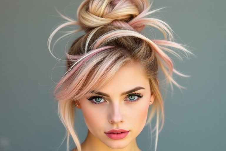 Trendy influencer showcasing a messy topknot with face-framing tendrils, featuring a rose gold base color with pastel pink highlights