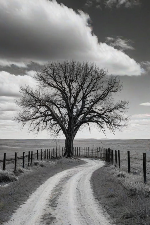 a black and white photograph of a large tree at the edge of a dirt path with a fence alongside it, surrounded by a barren landscape and cloudy sky
