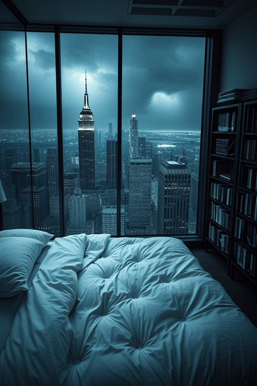 moody aesthetic, beautiful cozy, cramped bedroom with floor to ceiling glass windows overlooking a cyberpunk city at night, view from top of skyscraper, white bedsheets, bookshelves, thunderstorm outside with torrential rain, detailed, high resolution, photorrealistic, dark, gloomy,