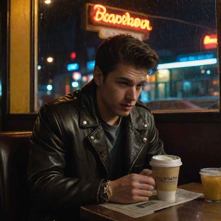 Slightly grainy candid shot, late-night diner, young man sitting alone in a booth, hands wrapped around a steaming cup of coffee, wearing a vintage leather jacket, neon sign glowing in the window behind him, condensation on the glass, a half-eaten burger and fries on the table, faint reflection of streetlights in the window.